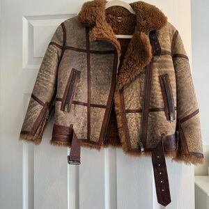 Burberry Kids Brown Faux fur coat Windowpane Shearling Aviator Jacket